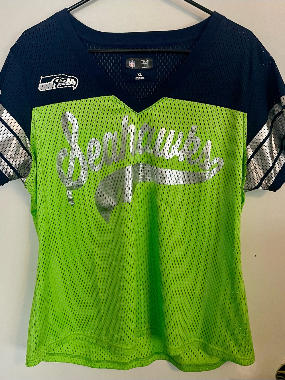 NFL Seattle Seahawks Women's Lime Green and Navy Mesh Jersey with Silver Script